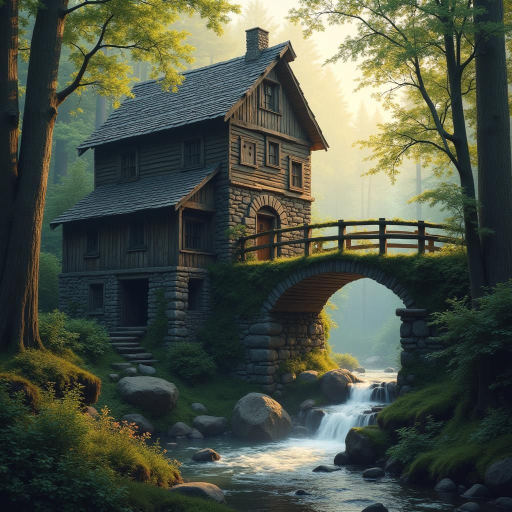 Rustic Watermill in Primeval Forest at Magic Hour