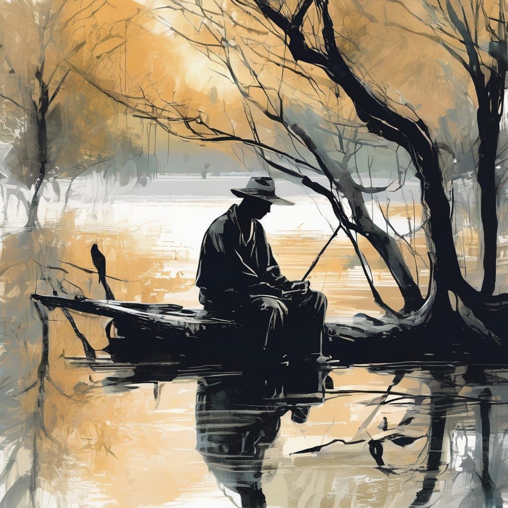 Whimsical Watercolor Portrait of a Young Poet under a Weepin...