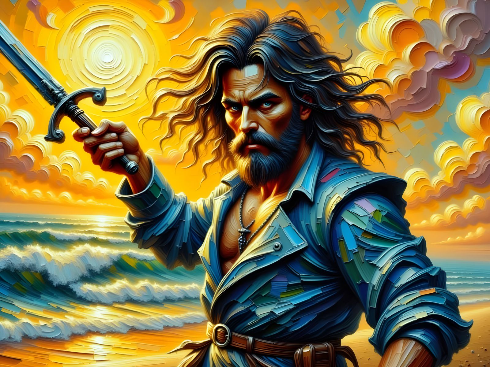 Sailor on Island Beach in Tactile Palette Knife Impasto