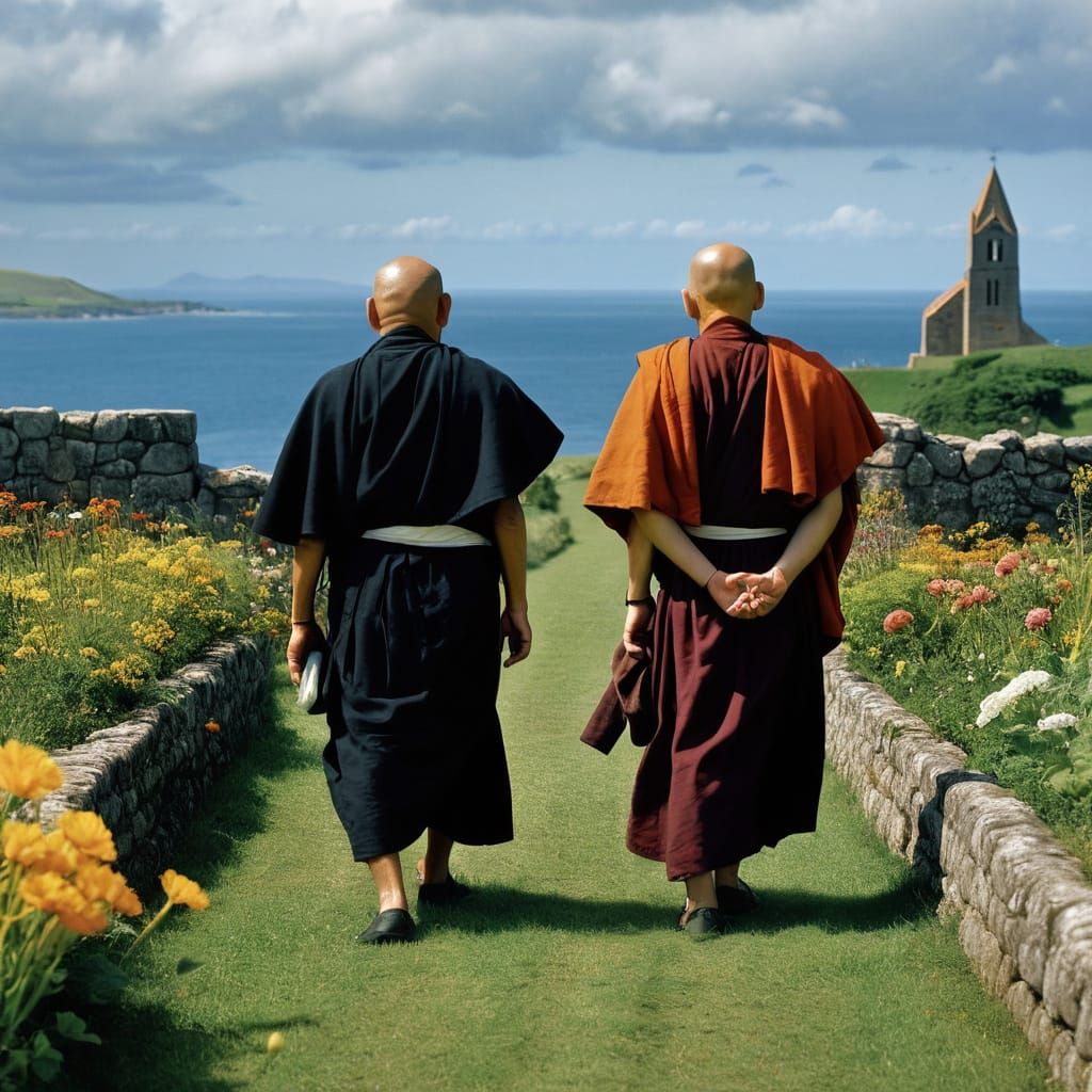 Serene Monks Tend a Lush Garden Amidst Historic Ruins
