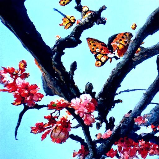 Butterflies on Cherry Blossom Tree as Oil Painting