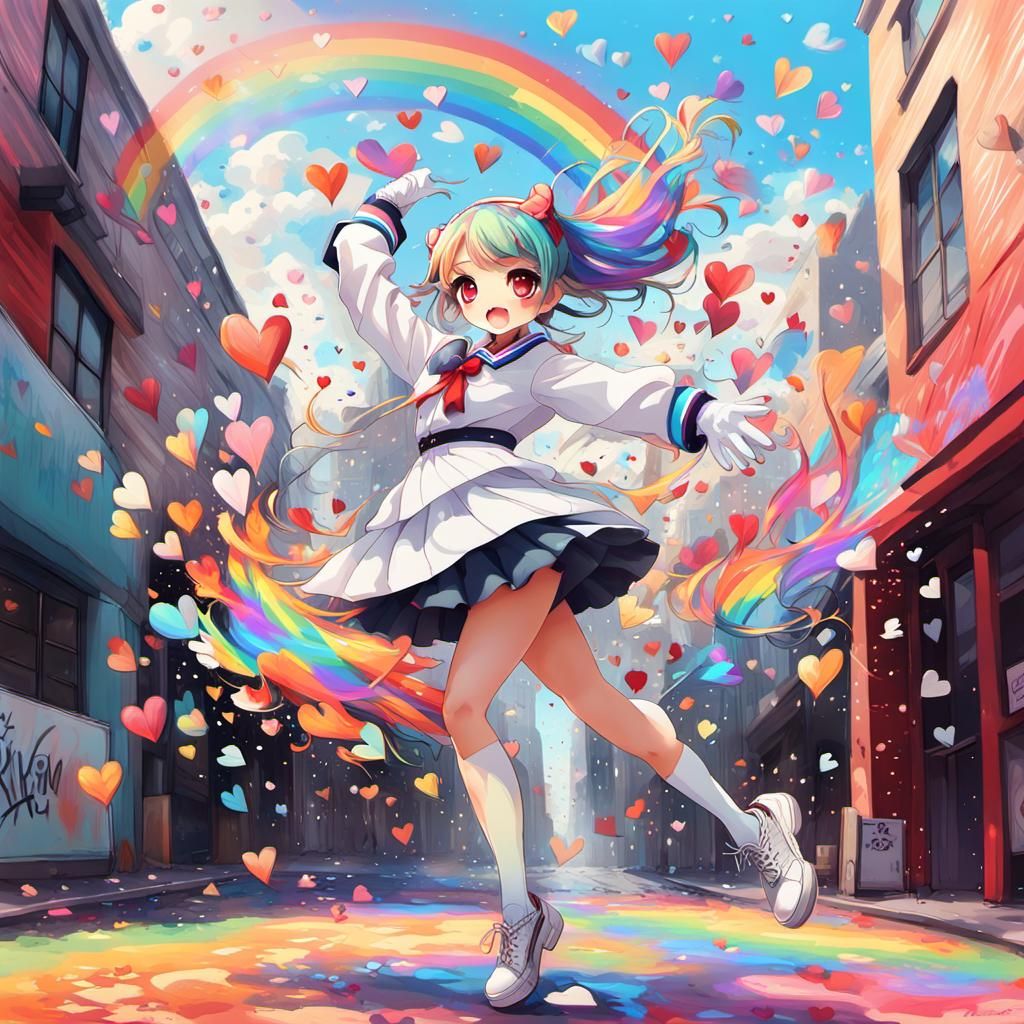 Chibi Woman's Rainbow Dance: Graffiti Street Art