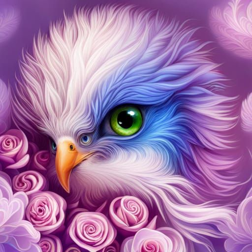 Cute Blue Bird with Fractal Flowers in Pixel Art