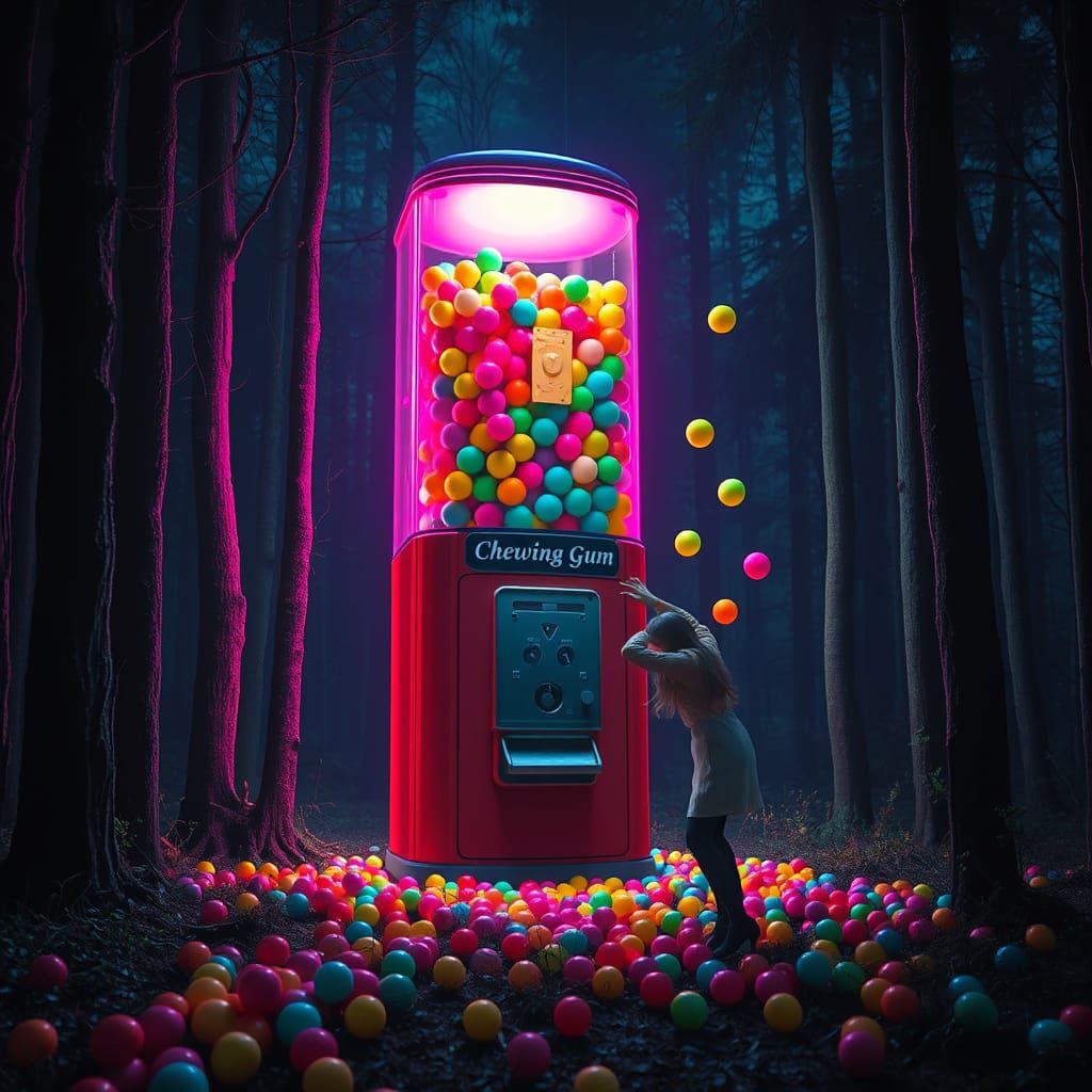 Hyperrealistic 1950s Gum Machine in Dark Forest