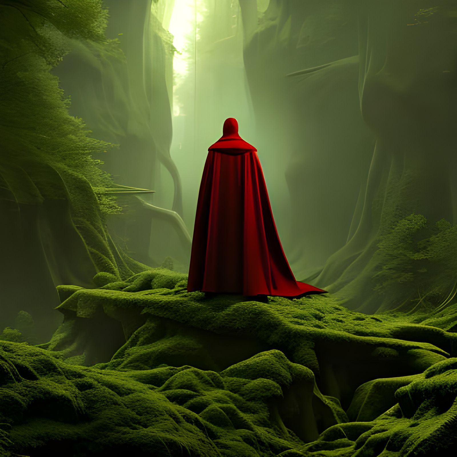 Red Cloaked Figure in Forest, Hyperdetailed Poster Art