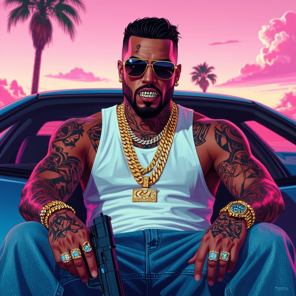 Gangster on Lamborghini: Vibrant Digital Art