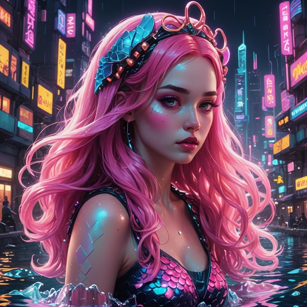 Cyberpunk Space Mermaid Snow White with Pink Hair