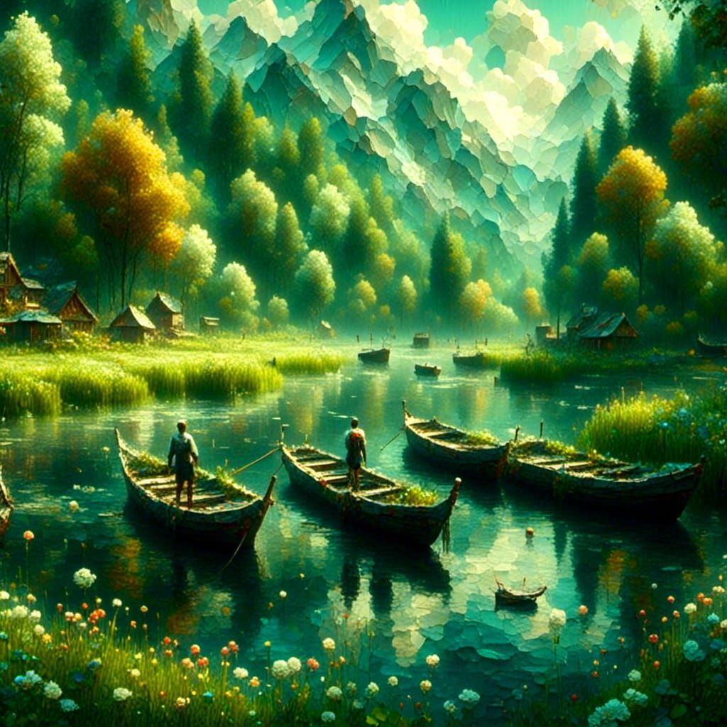 River Scene with Boats in 3D Style