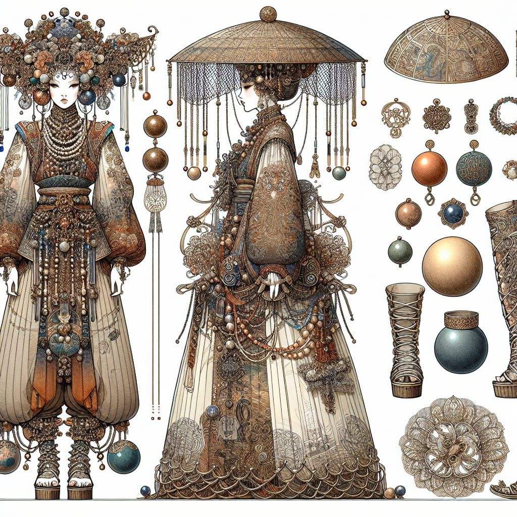 Decadent Asian-Crete Fusion Fashion in Watercolor Style