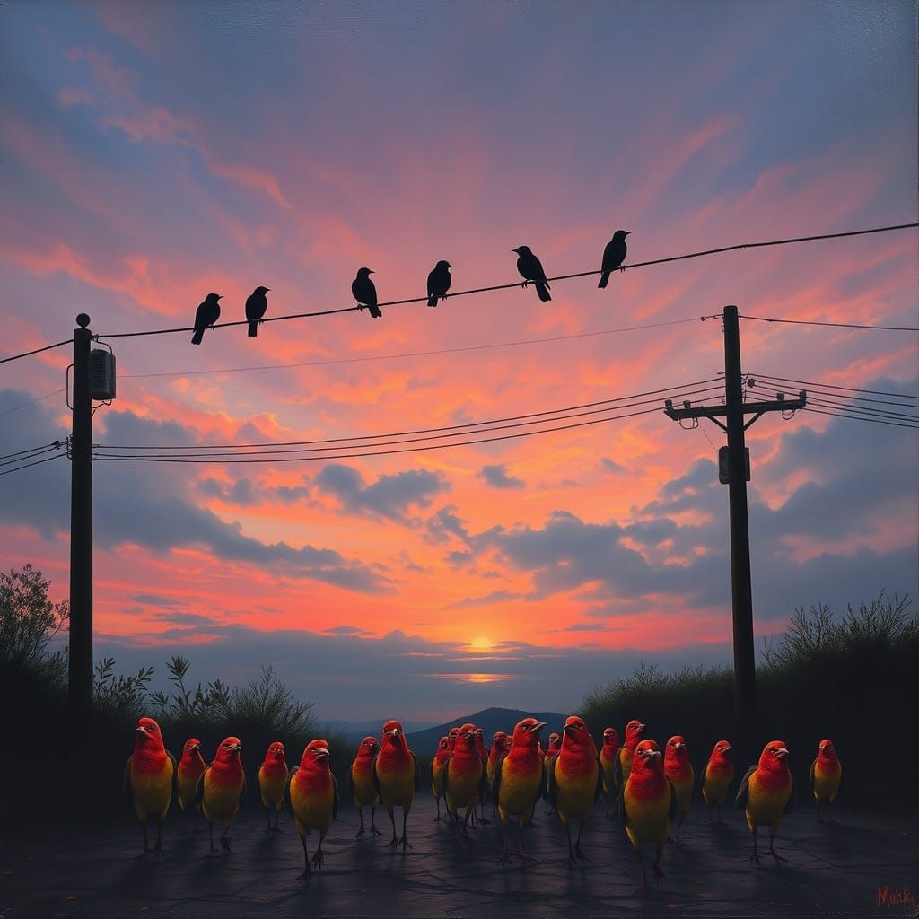 Surreal Figures Perch on Wires Like Birds in Twilight Sky