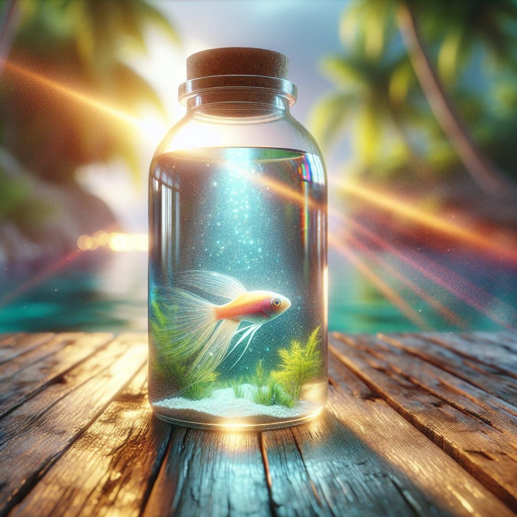 Hyperrealistic Water Bottle with Glowing Fish Diorama