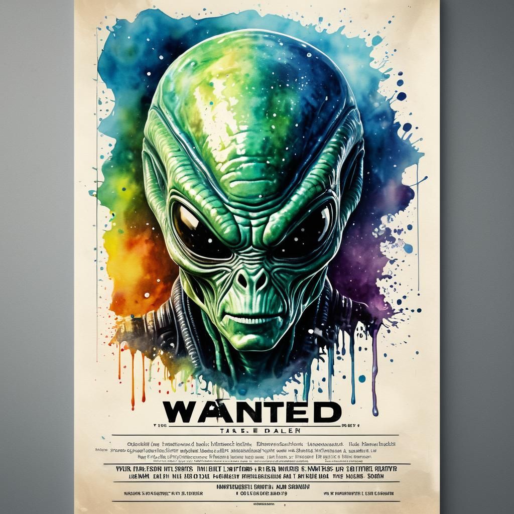 Interstellar Alien Wanted Poster in Watercolor Style