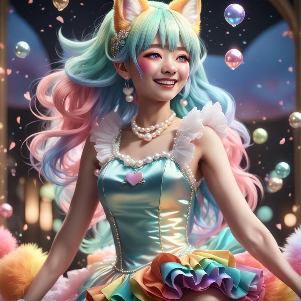 Fluffy Rainbow Kitsune with Hearts in Graffiti Art