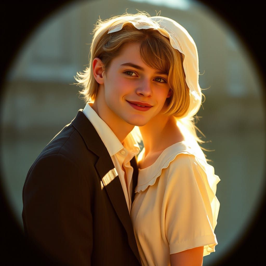 Ethereal Young Man in Delicate Bonnet, Exuding Soft Romantic...