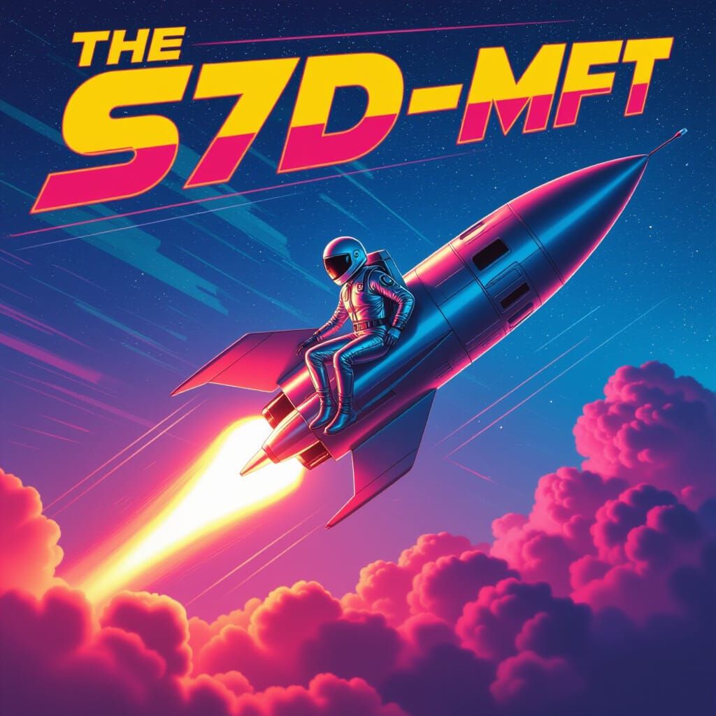 Retro Rocketship Blasting Off: Neon Sky