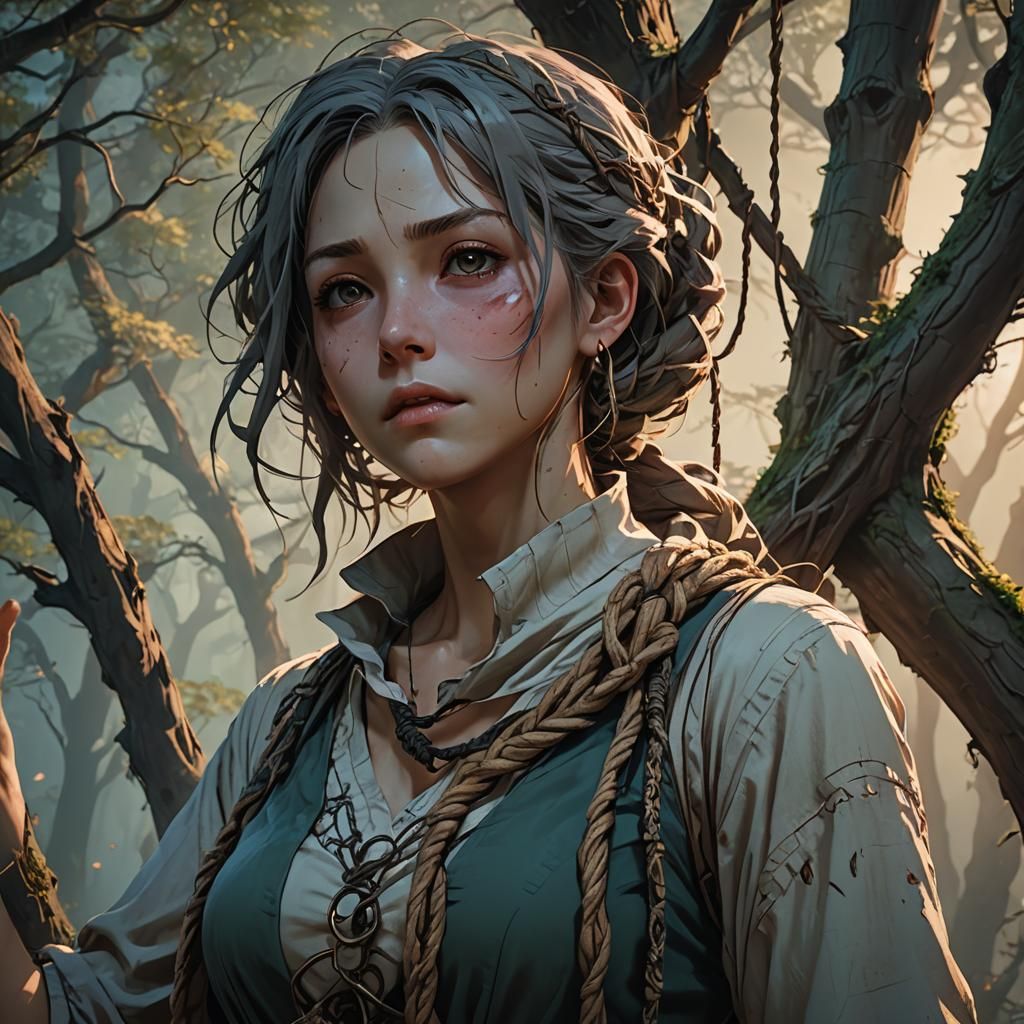 Haunting Anime Art: Woman in Mystical Forest