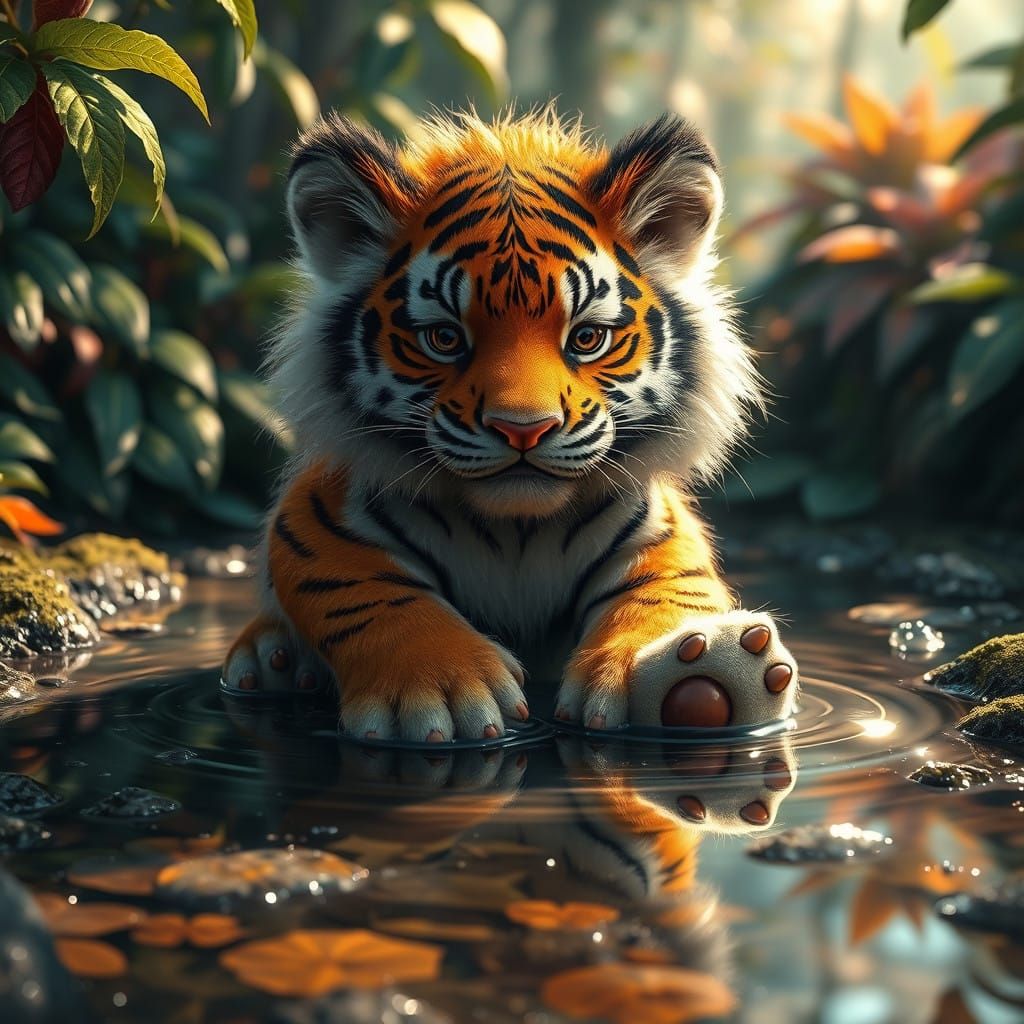 Majestic Baby Saber Tooth Tiger in a Sparkling Puddle