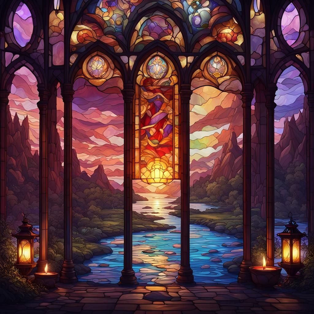 3D Stained Glass with Saturn and Rainbow