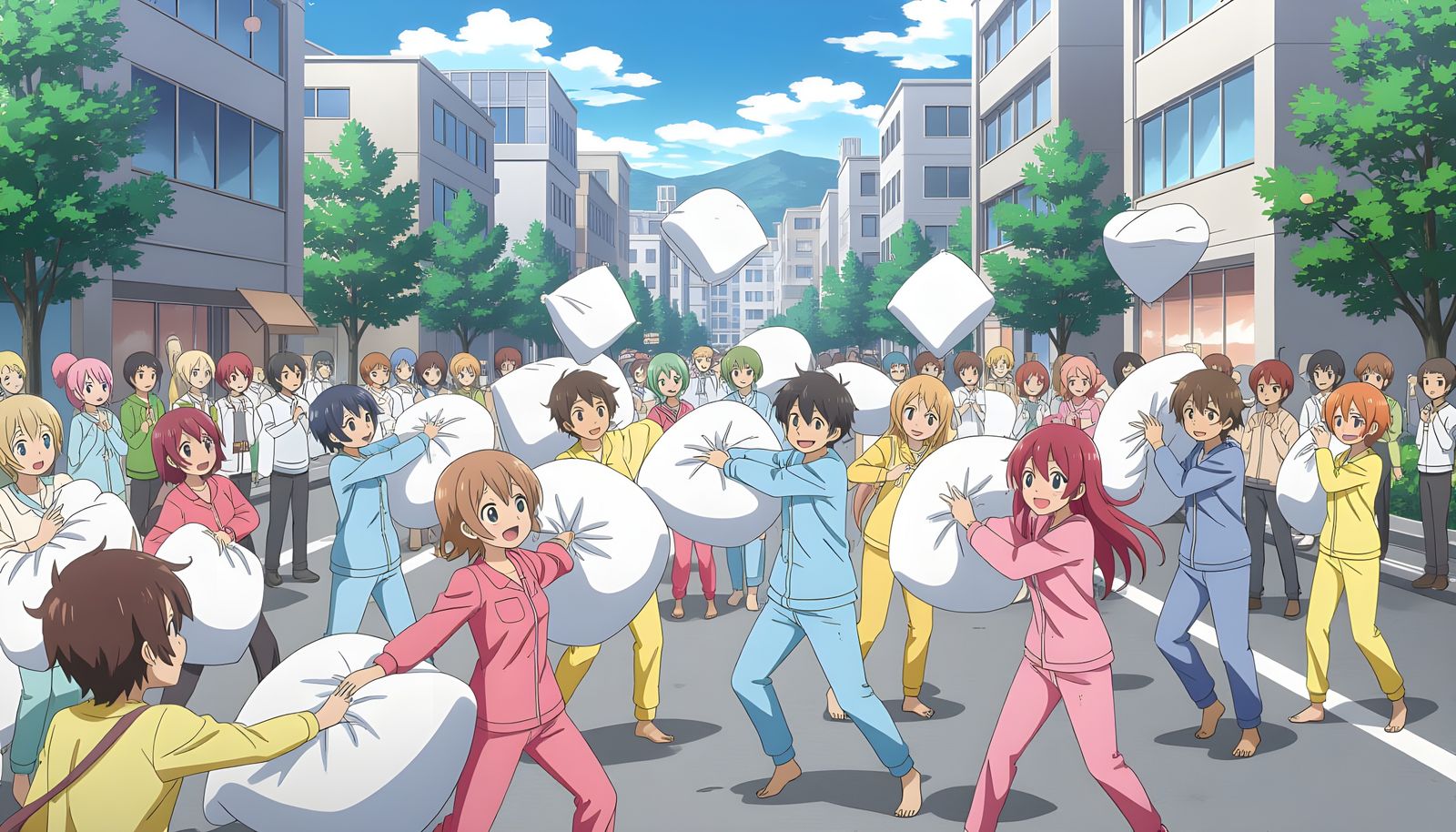 Anime Pillow Fight in City Pajama Party