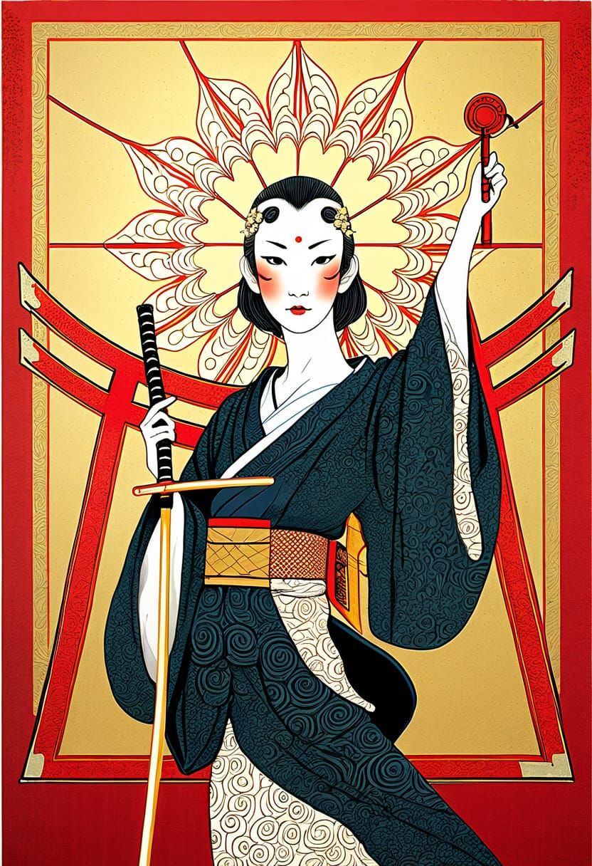 Japanese Woman with Katana in Ukiyo-e Style