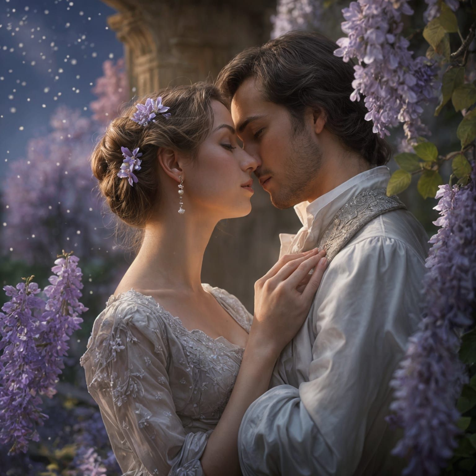 Romantic Regency Couple on Moonlit Terrace