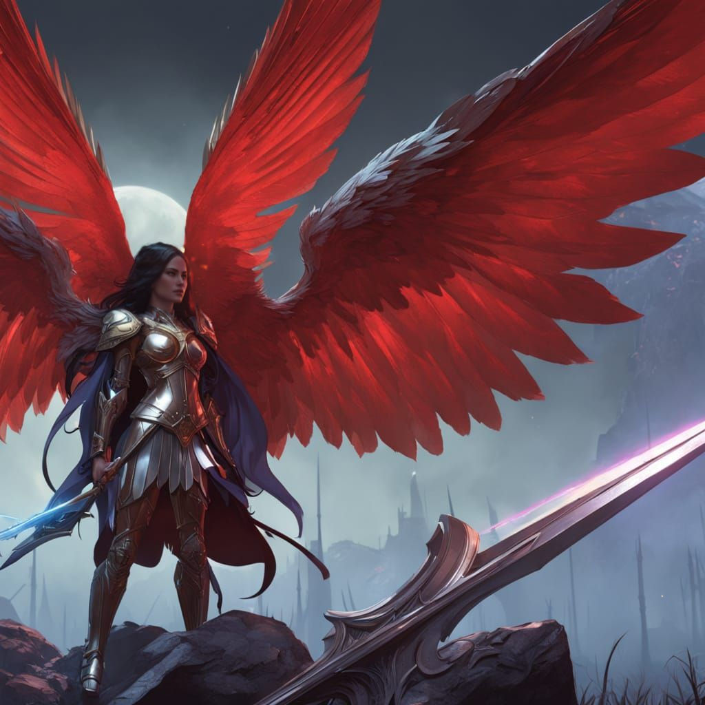Red-Winged Angel Over Battlefield, Dark Fantasy Art