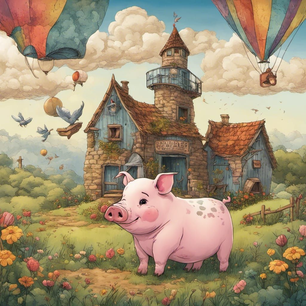 Happy Piglet Selling Piglets in Cartoon Farm Scene