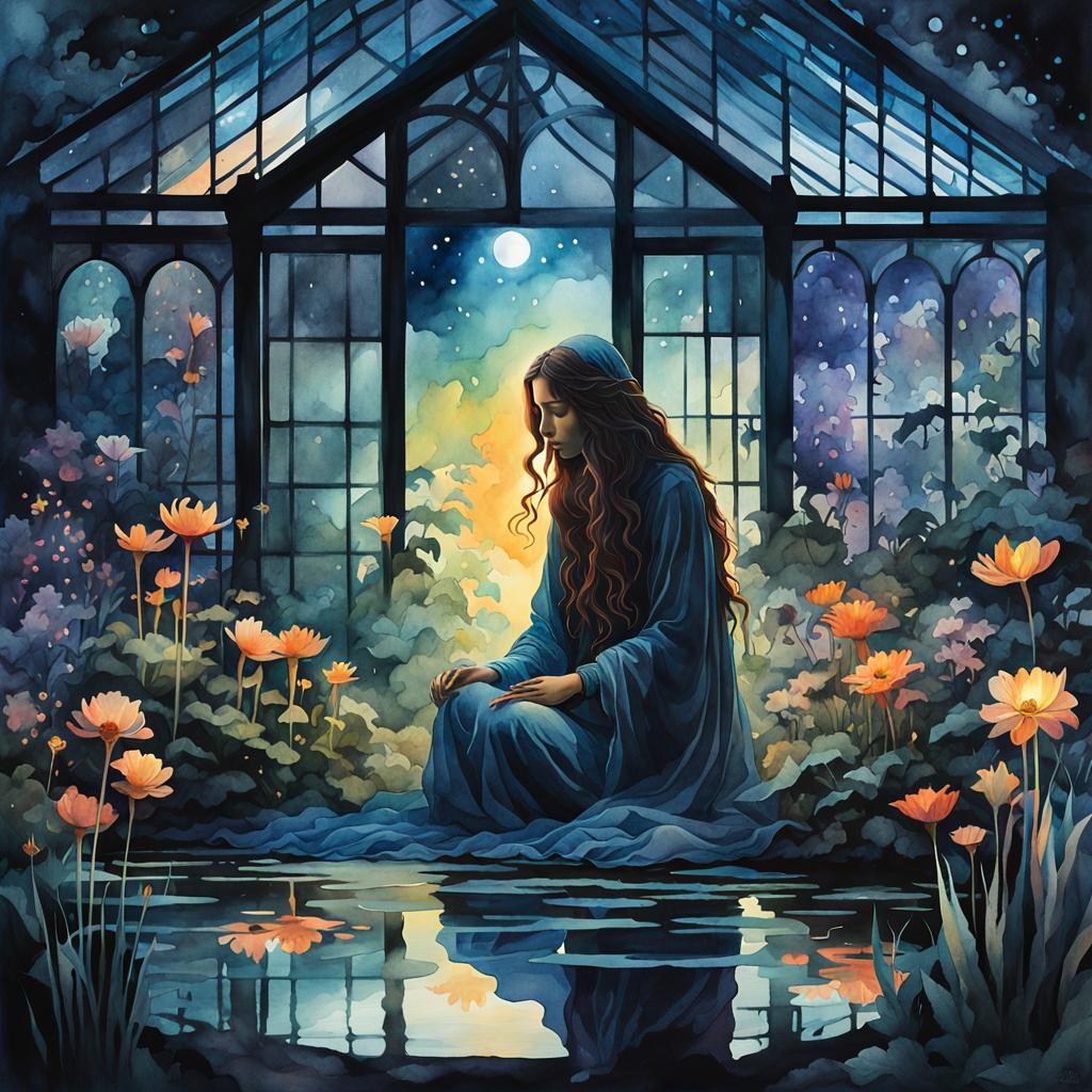 Moody Watercolor: Woman in Bioluminescent Greenhouse