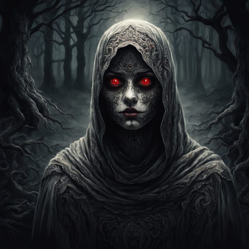 Ethereal Ghost Woman with Blazing Red Eyes