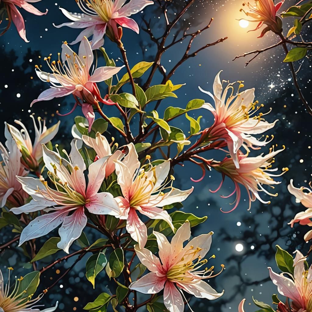 Moonlit Honeysuckle Blossom in Watercolor Summerscape