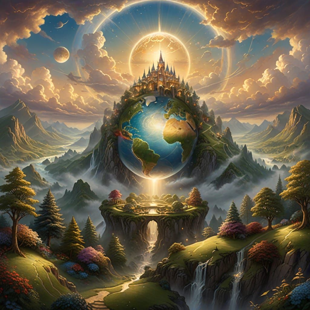 Ethereal God Holds Earth in Fantasy Realm