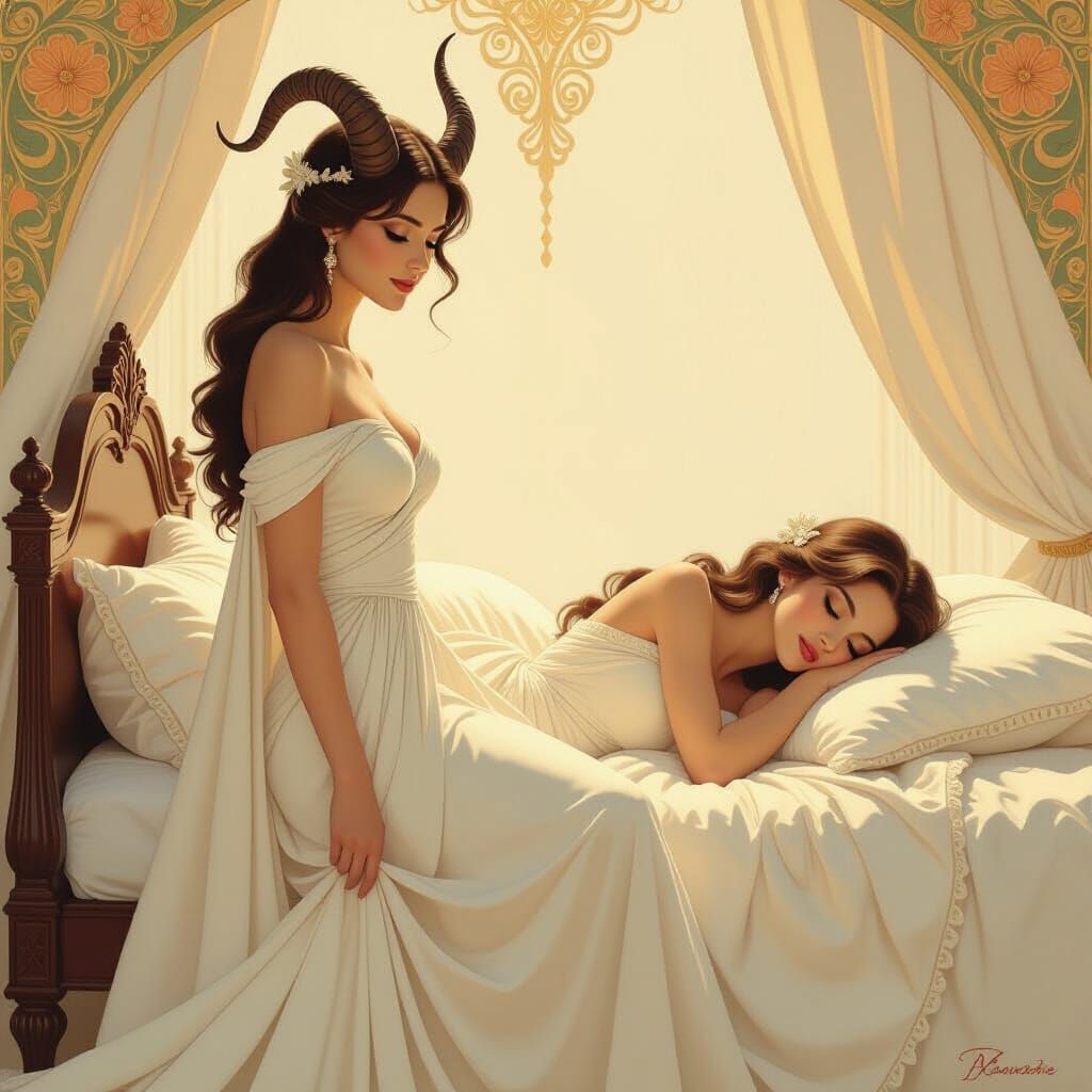 Elegant Horned Woman Beside Sleeping Figure