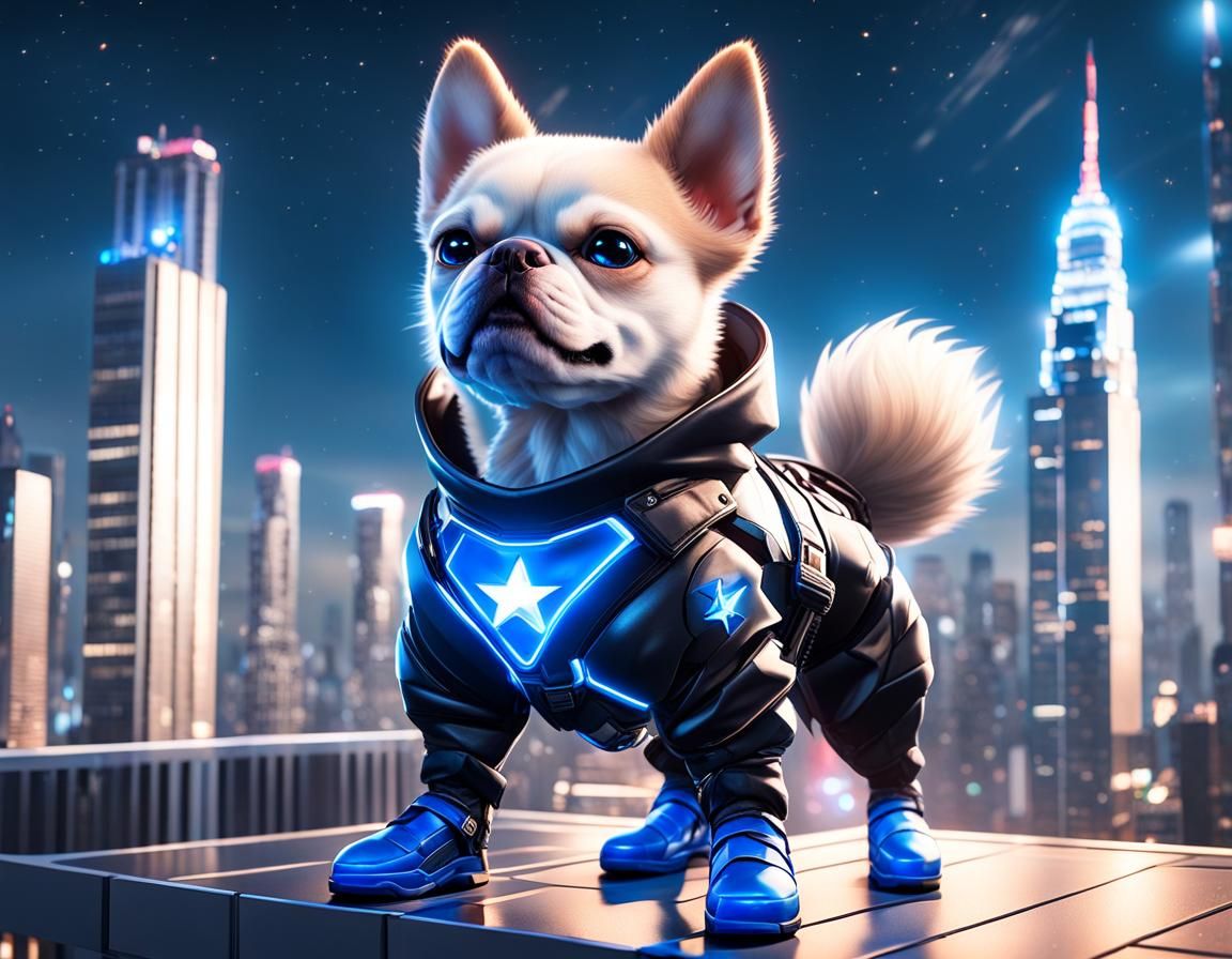 Chibi Superhero Dog Watches over Futuristic Metropolis