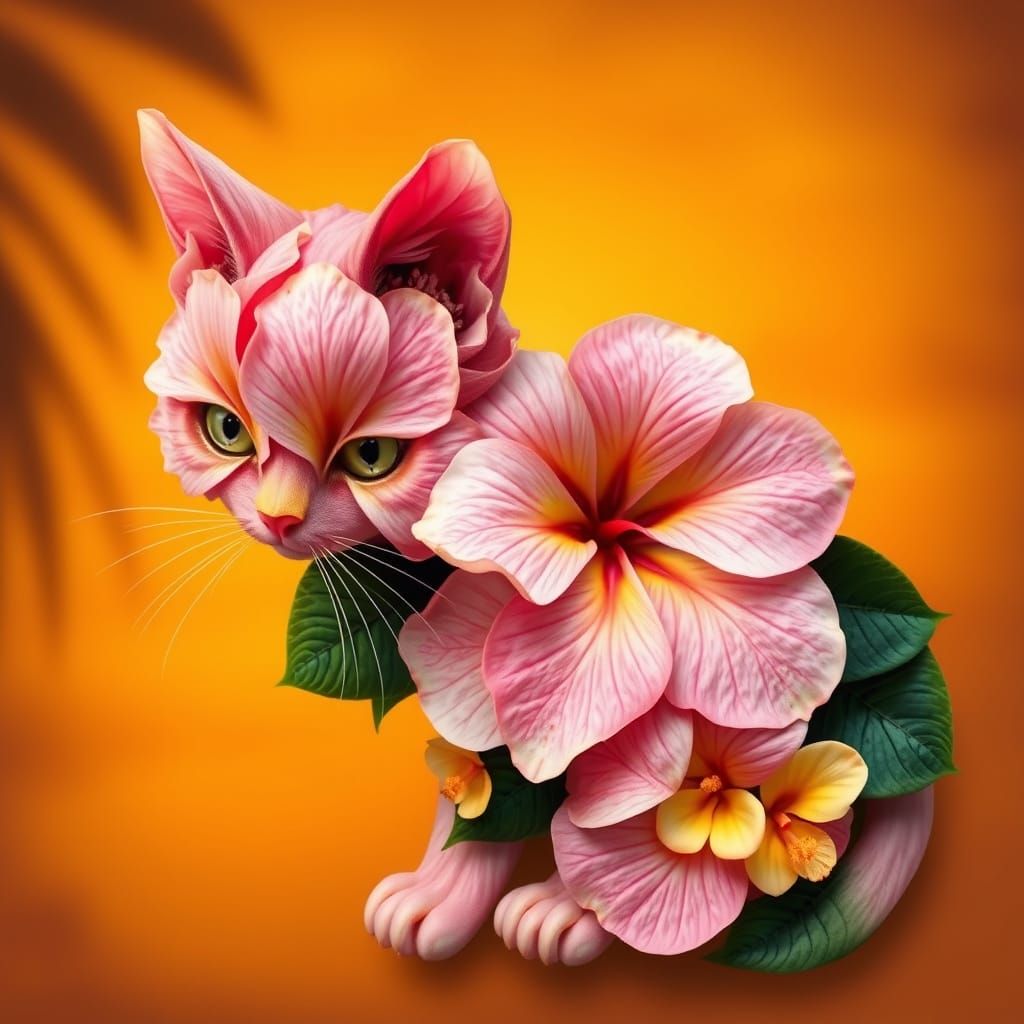 Delicate Hibiscus Cat in Tropical Sunset Style