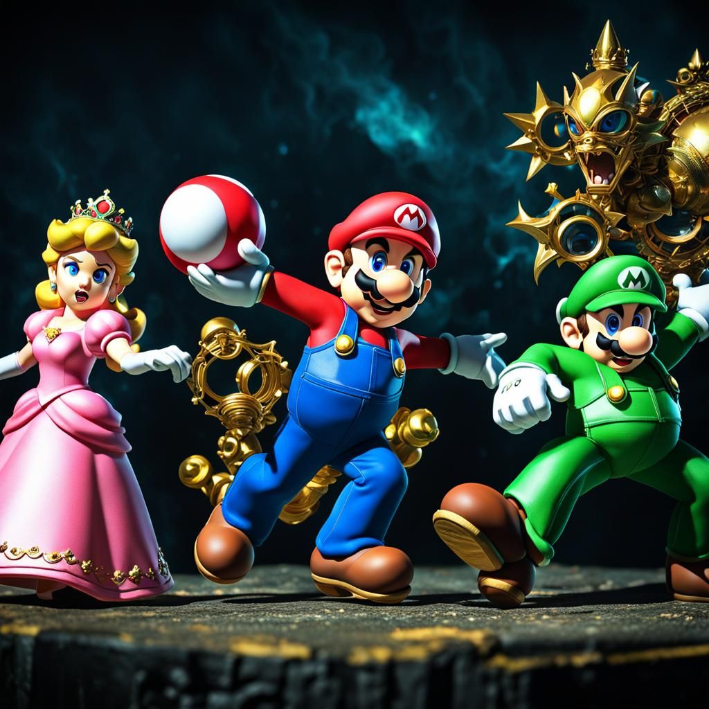 Mario, Luigi, and Peach vs. Dark Wizard: 3D Render