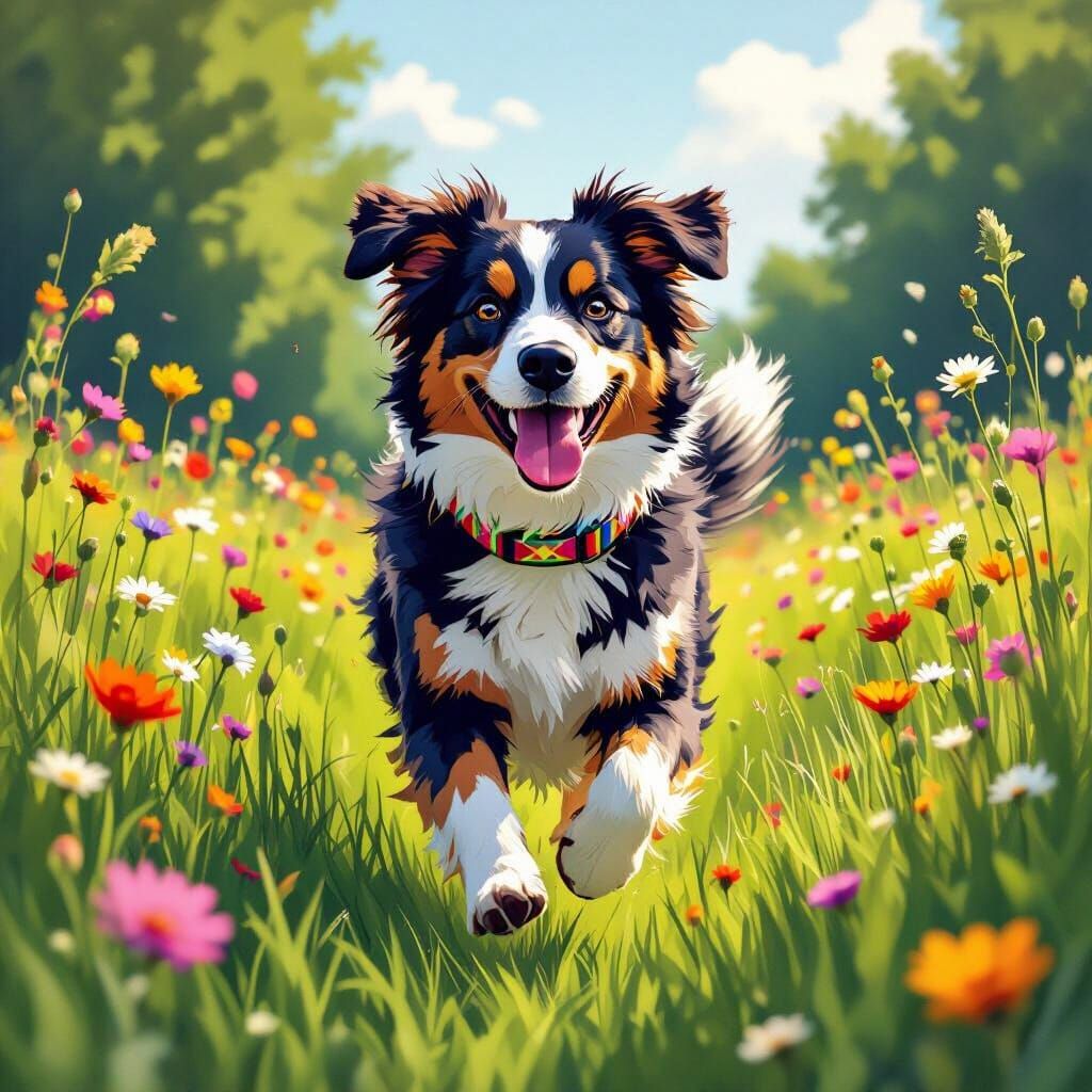 Happy Canine in Wildflower Meadow