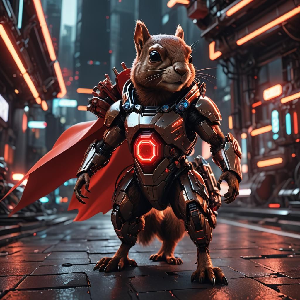 Futuristic Squirrel Hero in Sci-Fi Cityscape
