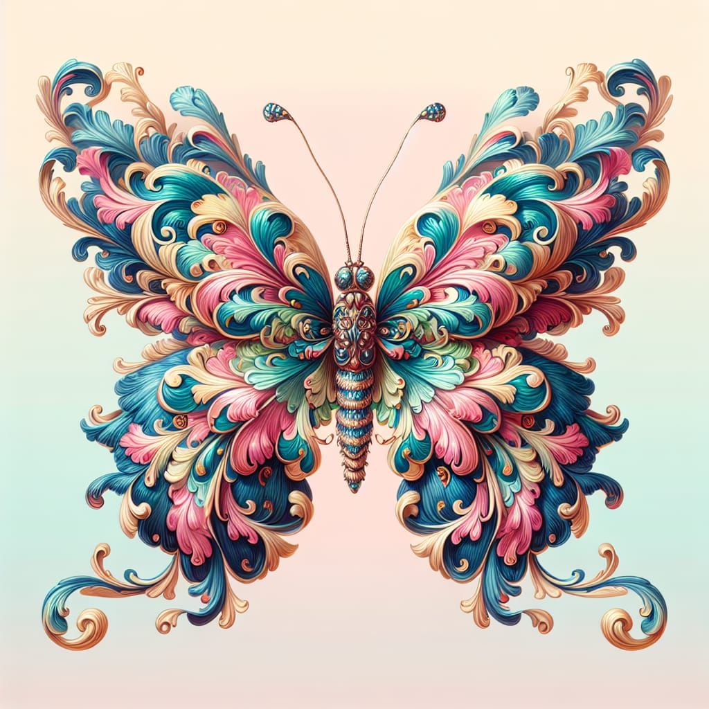 Vibrant Rococo Butterfly in Flight on Pastel Background