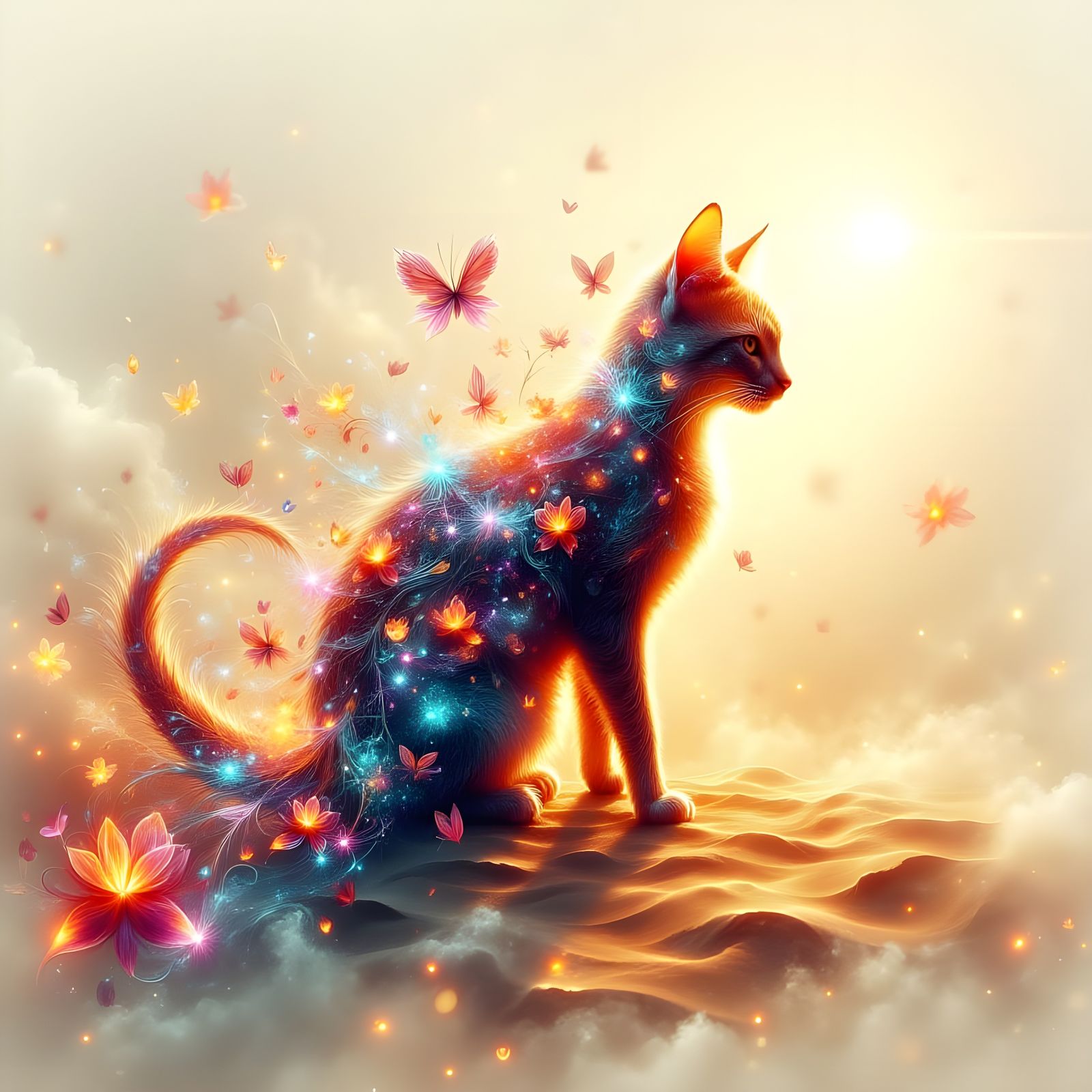 Whimsical Cat Silhouette in Glitched Watercolor Desert