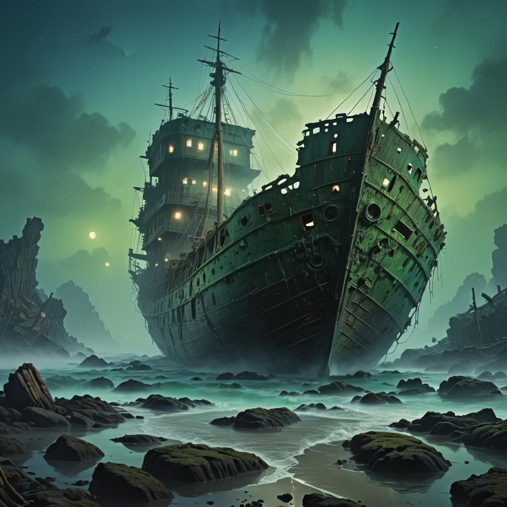 Wrecked Steamship in Fog: Beksiński-Inspired Dark Fantasy