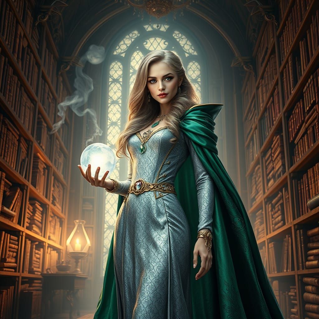 Sorceress in Grand Library, Holding Crystal Orb, in Hyperrea...