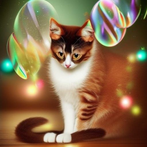 Elegant Cat and Kittens Playing with Soap Bubbles