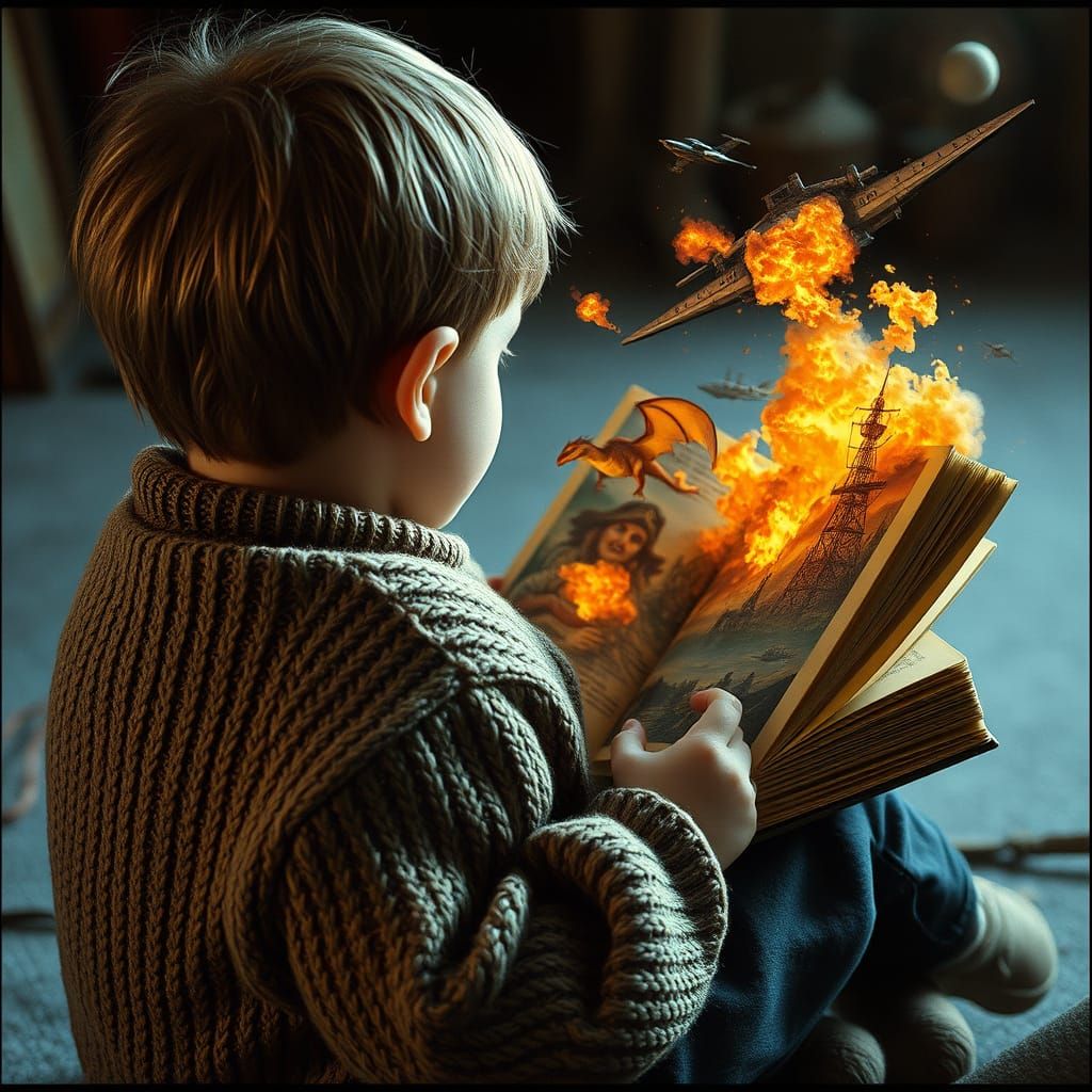 Child Enchanted by Erupting Dragons and Spaceships in Whimsi...