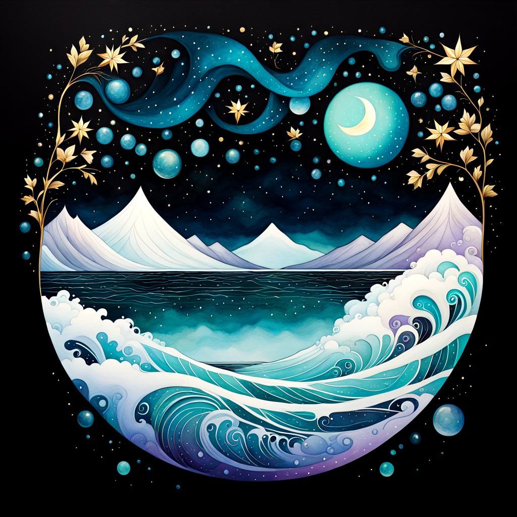 Starry Moonscape: Liquid Ink Watercolor Illustration