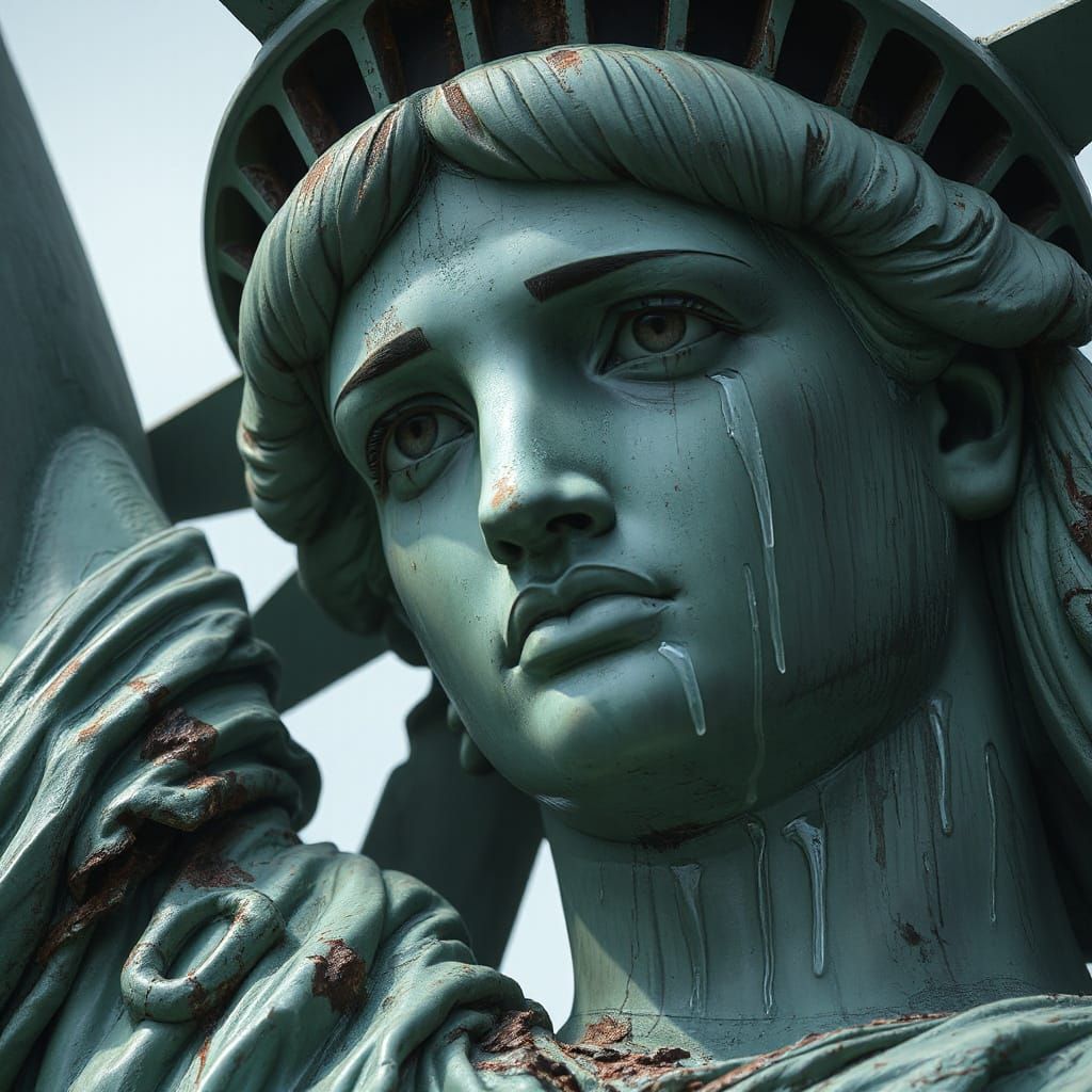 Crying Statue of Liberty in Gritty Realism