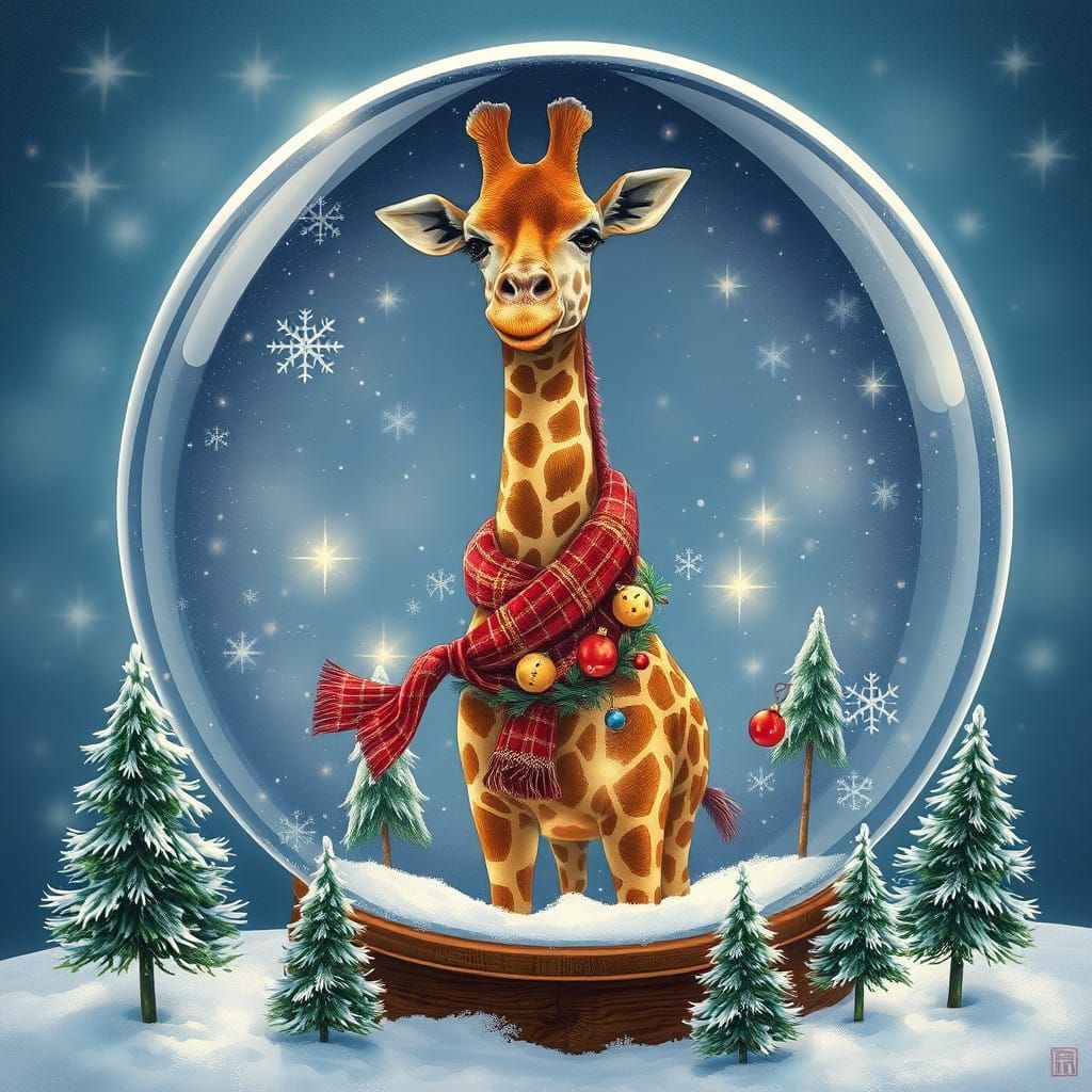 Giraffe Serenely Enchanted in Festive Snow Globe Scene