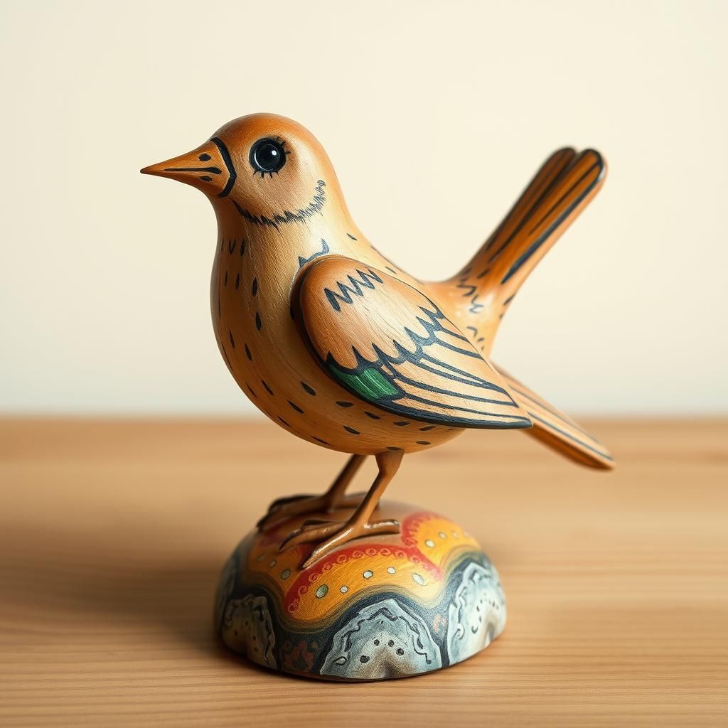 Naive Wooden Bird Statue in Childlike Style