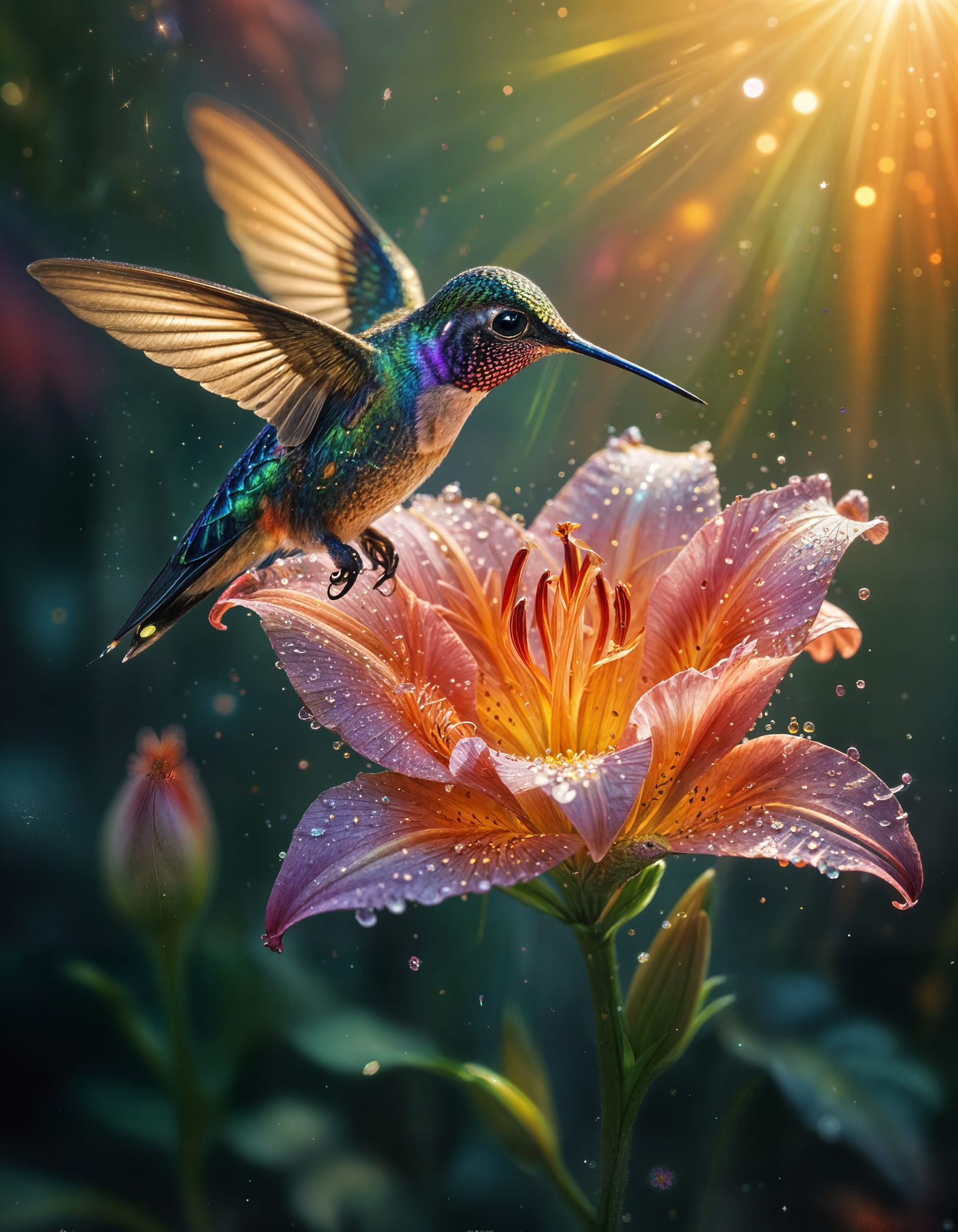 Rainbow Hummingbird in Dreamy Floral Landscape