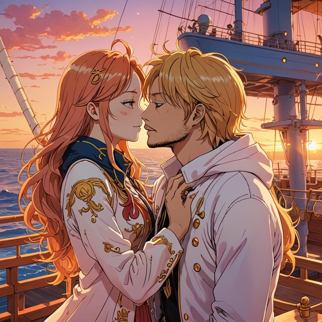 Romantic Anime Kiss Scene on Ship Deck