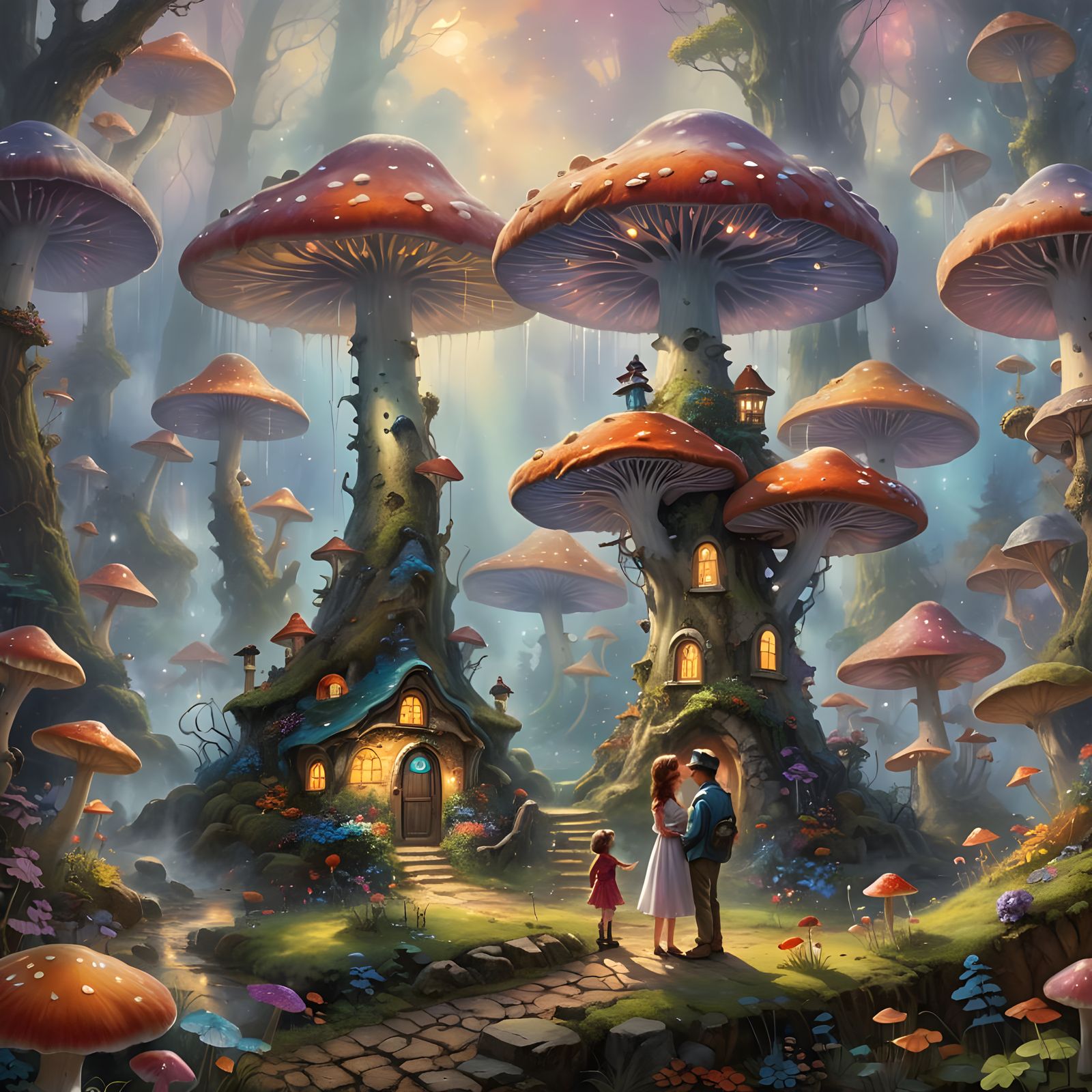 Kissing Under Giant Mushroom: Ethereal Fantasy in Kinkade St...